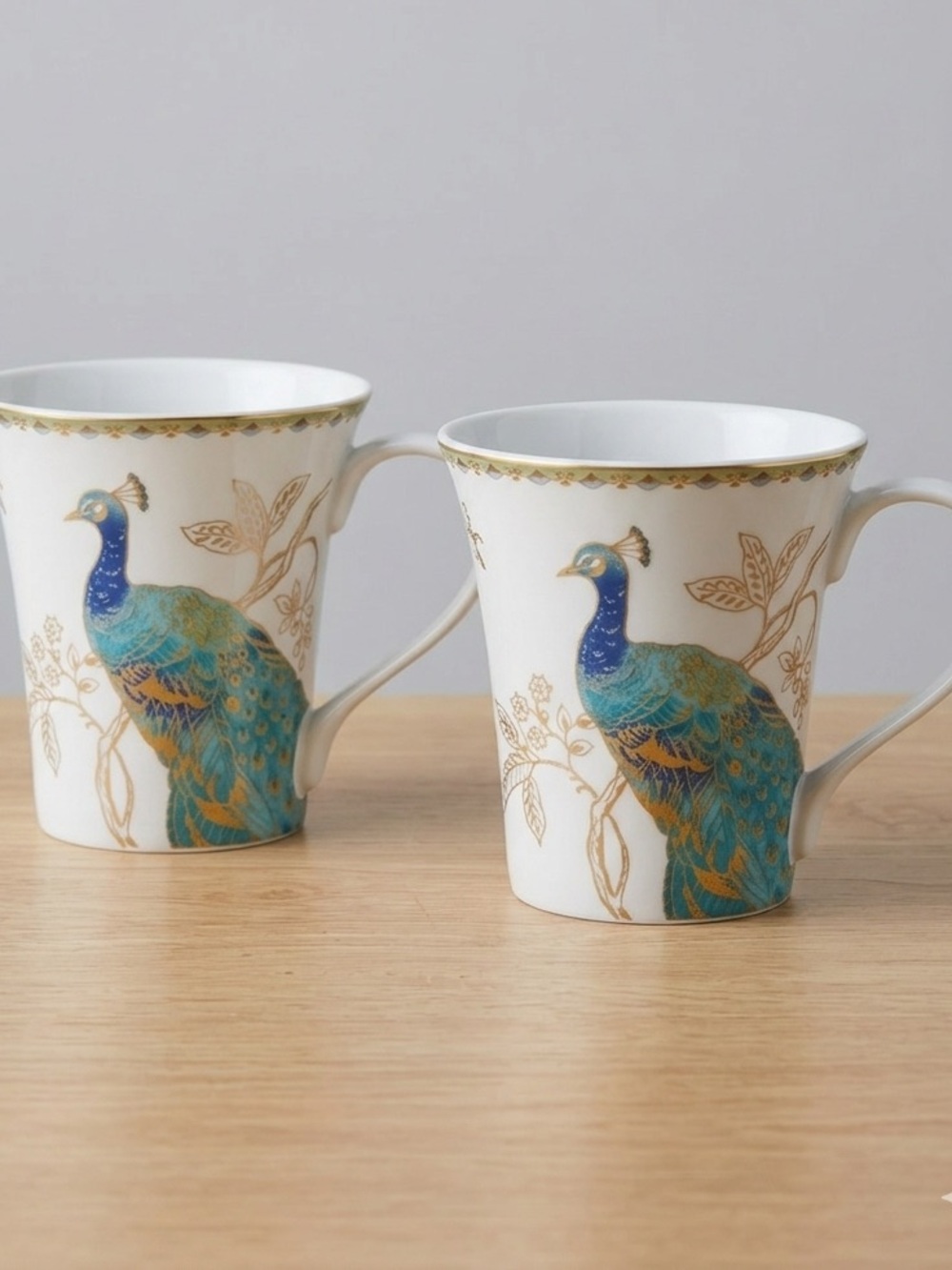 222 Fifth Peacock Garden Elegant Fine Porcelain 10oz Mugs Set of 2 White Gold
